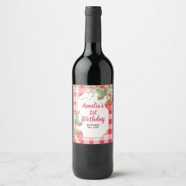 Berry Sweet Watercolor Strawberry 1st Birthday Wine Label