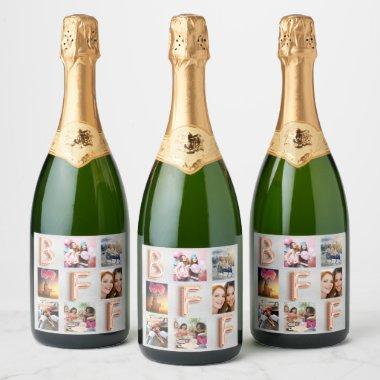 Best friends silver rose gold photo collage BFF Sparkling Wine Label