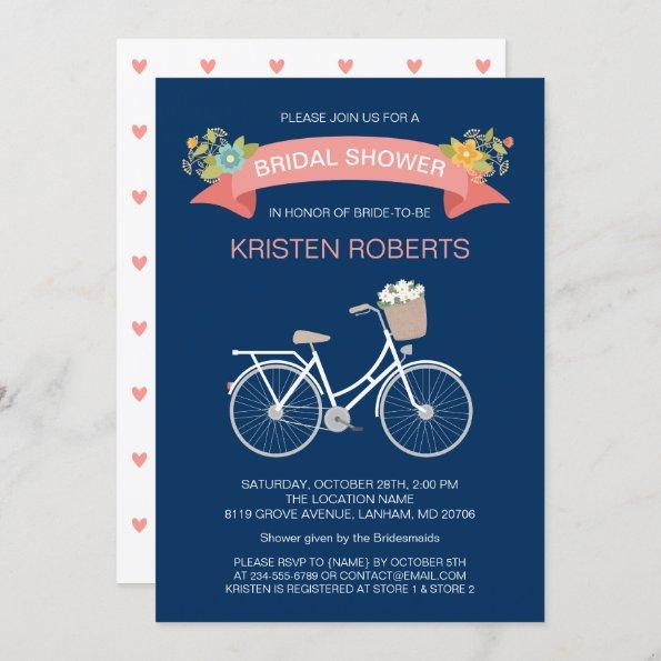 Bicycle Bridal Shower Navy Blue Coral Pink Floral Invitations