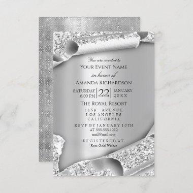 Birthday Bridal Shower 3D Gray Silver Glitter Invitations
