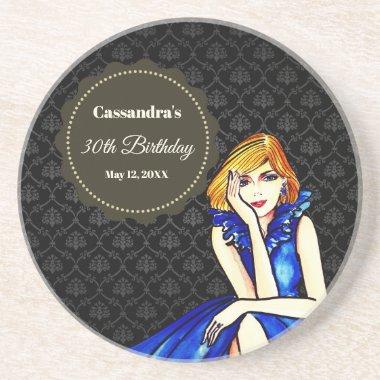 Birthday Girl Dark Royal Blue Cocktail Gown Damask Coaster