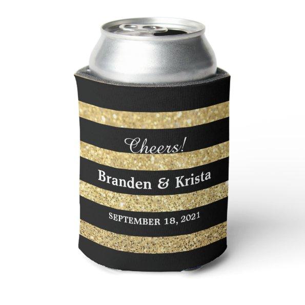 Black and Gold Glitter Stripes | Wedding Can Cooler
