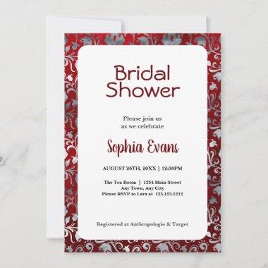 Black and Silver Floral White Bridal Shower Invitations
