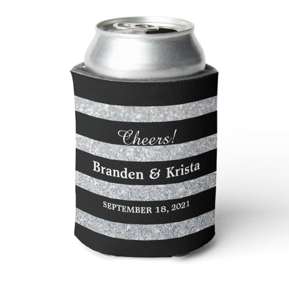 Black and Silver Glitter Stripes | Wedding Can Cooler