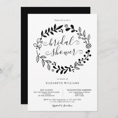 Black and White Floral Garland Bridal Shower Invitations