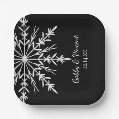 Black and White Snowflakes Winter Wedding Paper Plates