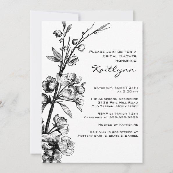 Black Floral on White Bridal Shower Invitations