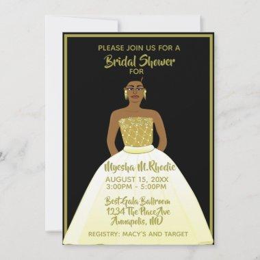 Black & Gold African American Woman Bridal Shower Invitations