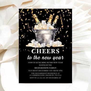 Black Gold Budget Champagne Cheers New Year Party Invitations
