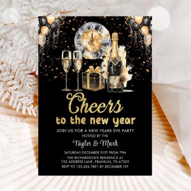 Black Gold Champagne Cheers New Years Eve Party Invitations