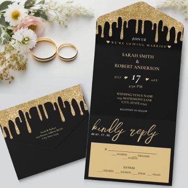 Black & Gold Glitter Drip Wedding All In One Invitations