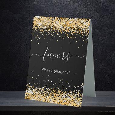 Black gold glitter sparkles guest favors table tent sign