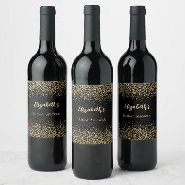 Black Gold Leopard Print Glitter Bridal Shower Wine Label
