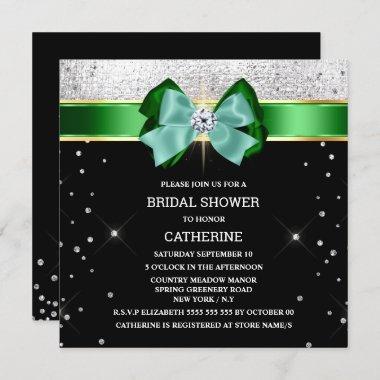 Black green silver shimmer bow sparkle glitter Invitations