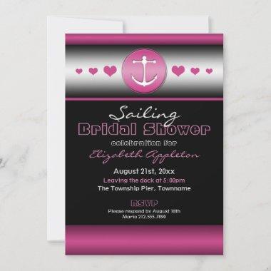 Black & Hot Fuchsia Nautical Bridal Shower Invitations