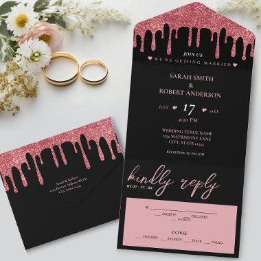 Black & Pink Rose Gold Glitter Drip Wedding All In One Invitations