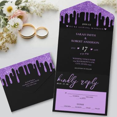 Black & Purple Glitter Drip Wedding All In One Invitations