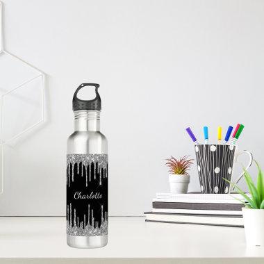 Black silver glitter drips custom monogram name stainless steel water bottle