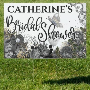 Black silver rose shabby chic butterfly glitter sign