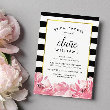 Black Stripe & Pink Peony Bridal Shower Invitations