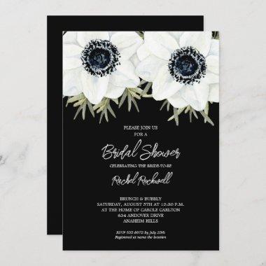 Black White Anemones Floral Bridal Shower Invitations