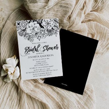 Black White Floral Lily Bouquet Bridal Shower Invitations