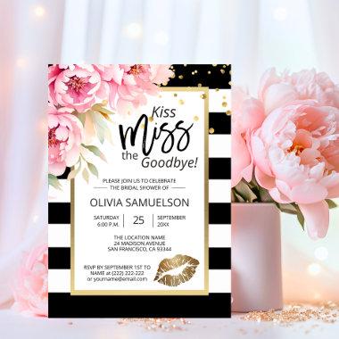 Black White Kiss the Miss Floral Bridal Shower Invitations