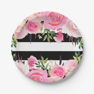 Black White Stripes Pink Floral Bridal Shower Paper Plates