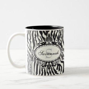 Black & White Zebra Pattern Custom Name & Monogram Two-Tone Coffee Mug