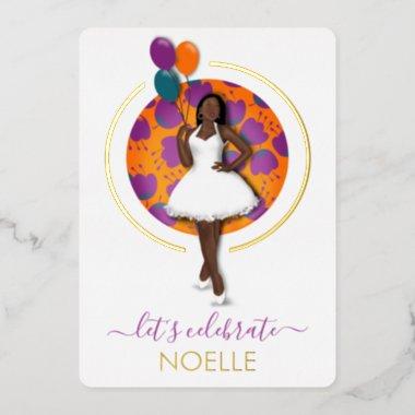 Black Woman Bridal Shower Balloons & Flowers Foil Invitations