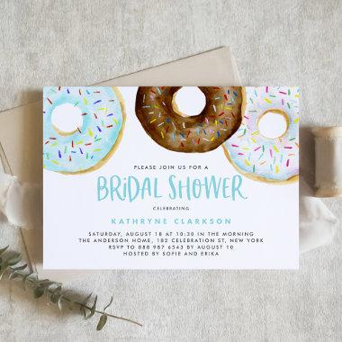 Blue and Chocolate Watercolor Donuts Bridal Shower Invitations