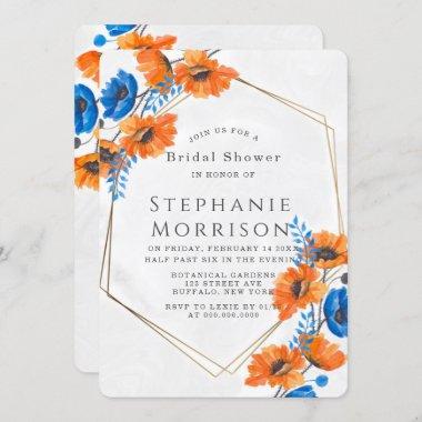 Blue and Orange Poppy Gold Bridal Shower Invitations