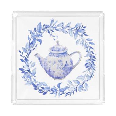 Blue and White Tea Pot with Wreath Acrylic Tray