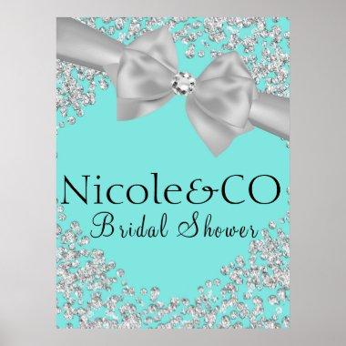 Blue Big White Bow Diamonds Bridal Shower Poster
