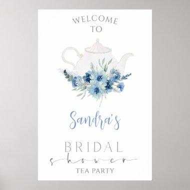 Blue Boho Floral Tea Party Bridal Shower Welcome Poster