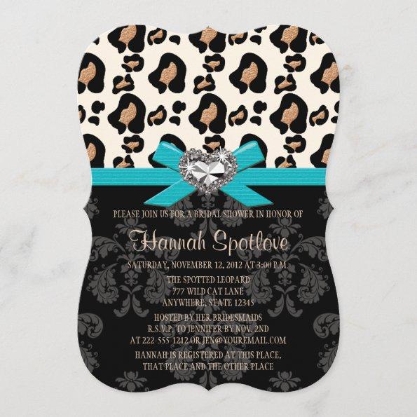Blue Bow Leopard Print Faux Bling Bridal Shower Invitations