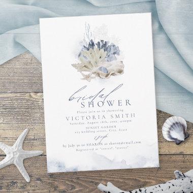 Blue coral & seashells beach themed Bridal Shower Invitations