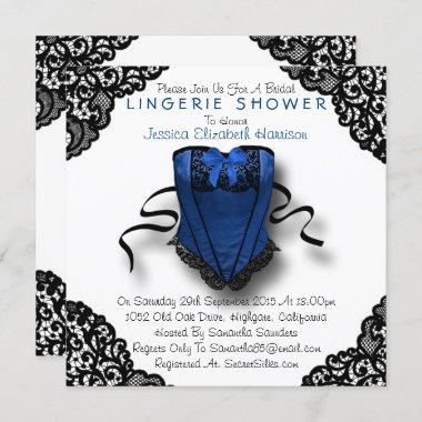 Blue Corset & Black Lace Lingerie Shower Invitations