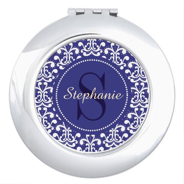Blue Damask Monogram Personalized Compact Mirror