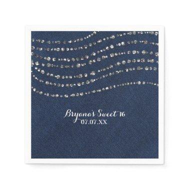 Blue Denim & Diamonds Sparkle Bling Birthday Party Paper Napkins