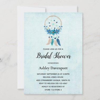 Blue Dreamcatcher with Flowers & Feathers Bridal Invitations