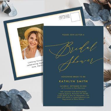 Blue Elegant Gold Script Minimalist Bridal Shower Invitation PostInvitations
