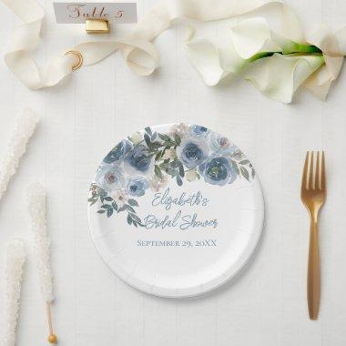 Blue Floral Dusty Blue Watercolor Bridal Shower Paper Plates