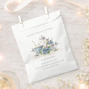Blue Floral Teapot Tea Fun Facts Bridal Shower Favor Bag