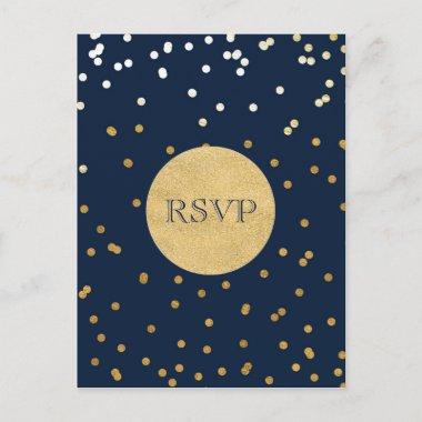 Blue & Gold Shiny Confetti Dots Chic Modern RSVP Invitation PostInvitations