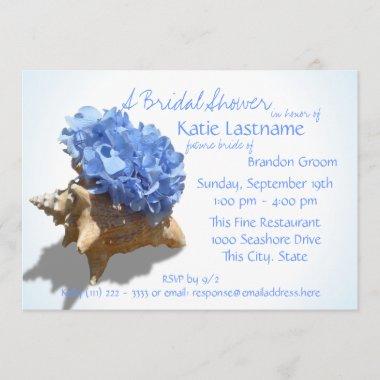 Blue Hydrangea and Seashell Bridal Shower Invitations