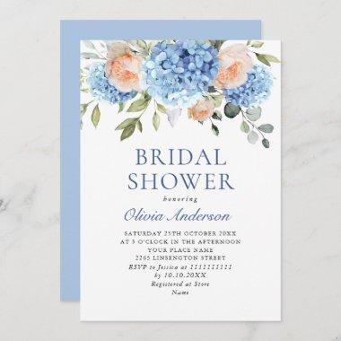 Blue Hydrangea Blush Pink Roses BRIDAL SHOWER Invitations