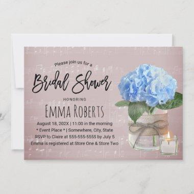 Blue Hydrangea Floral Jar Music Bridal Shower Invitations