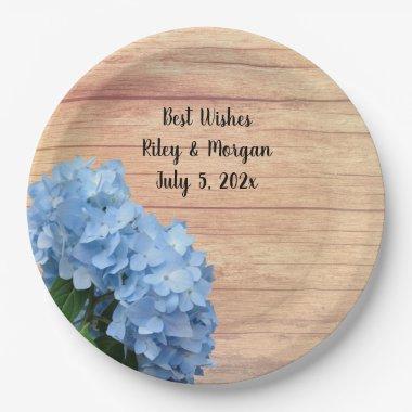 Blue Hydrangea Flowers Wood Background Paper Plates