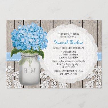 Blue Hydrangea Monogrammed Mason Jar Bridal Shower Invitations
